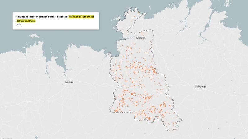Cartographie des haies arrachées dans le Trégor entre 2003 et 2023. Crédits Denis Vannier pour « Splann ! »