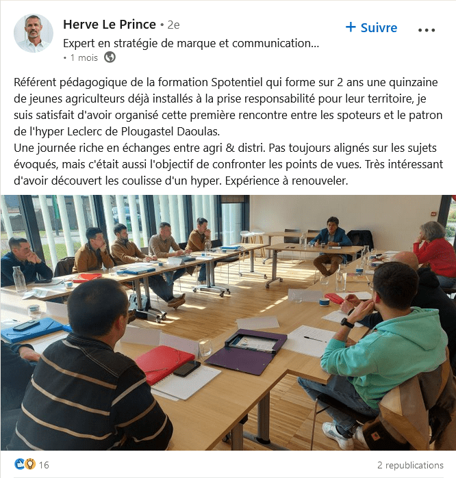 Publication LinkedIn d'Hervé Le Prince, en tant que référent pédagogique de Spotentiel (2024).